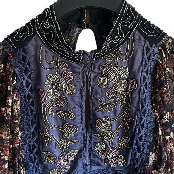 Free People Camille Top Black Embellished Blouse Black Purple Gold Sparkle XS - Picture 6 of 14